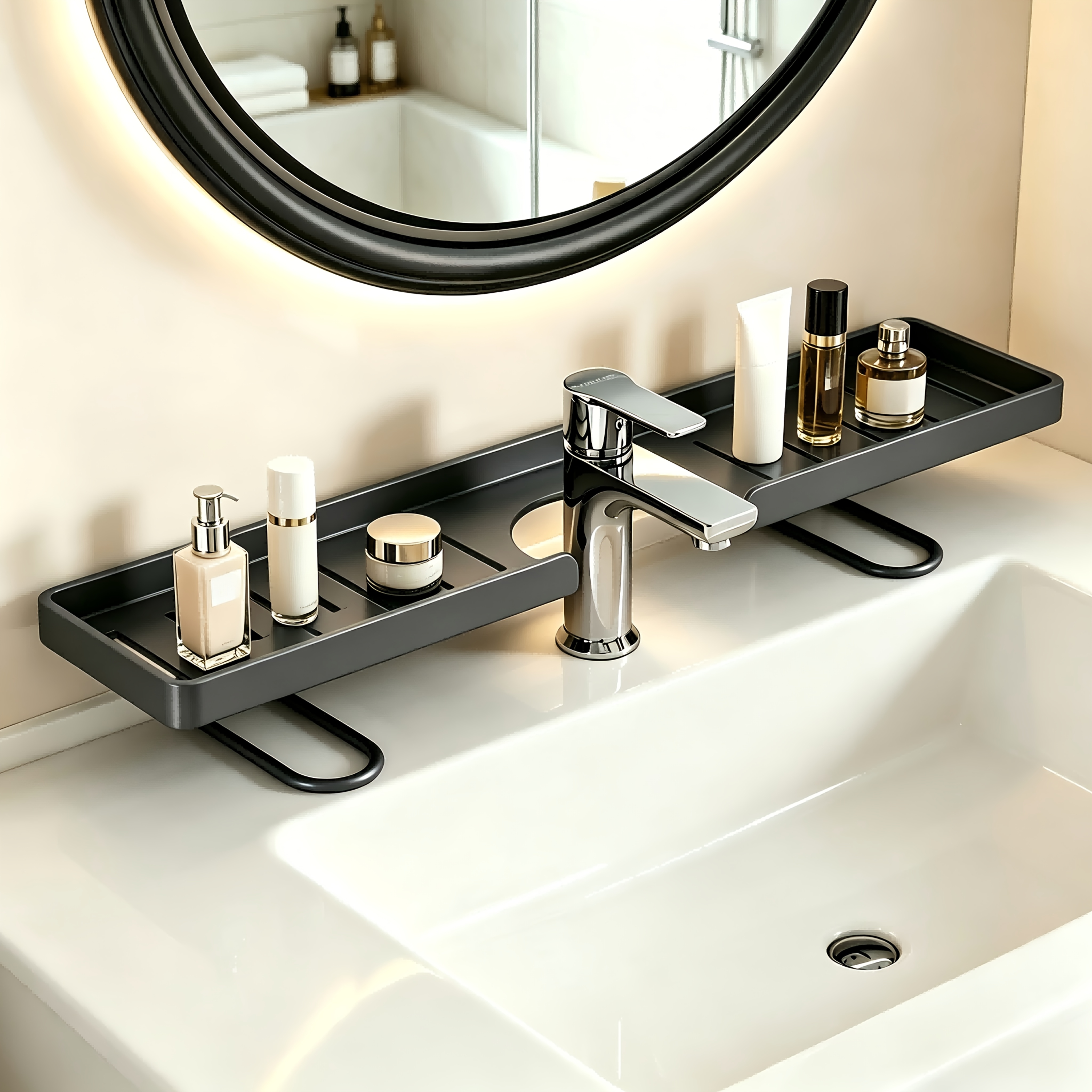 immagine dell'articolo mensola per rubinetto scanalata in acciaio al carbonio per bagni e cucine, con design autoportante senza foratura. la scanalatura allargata si adatta alla maggior parte dei rubinetti in  . questo organizzatore è   per riporre prodotti per   della pelle, articoli da toeletta e