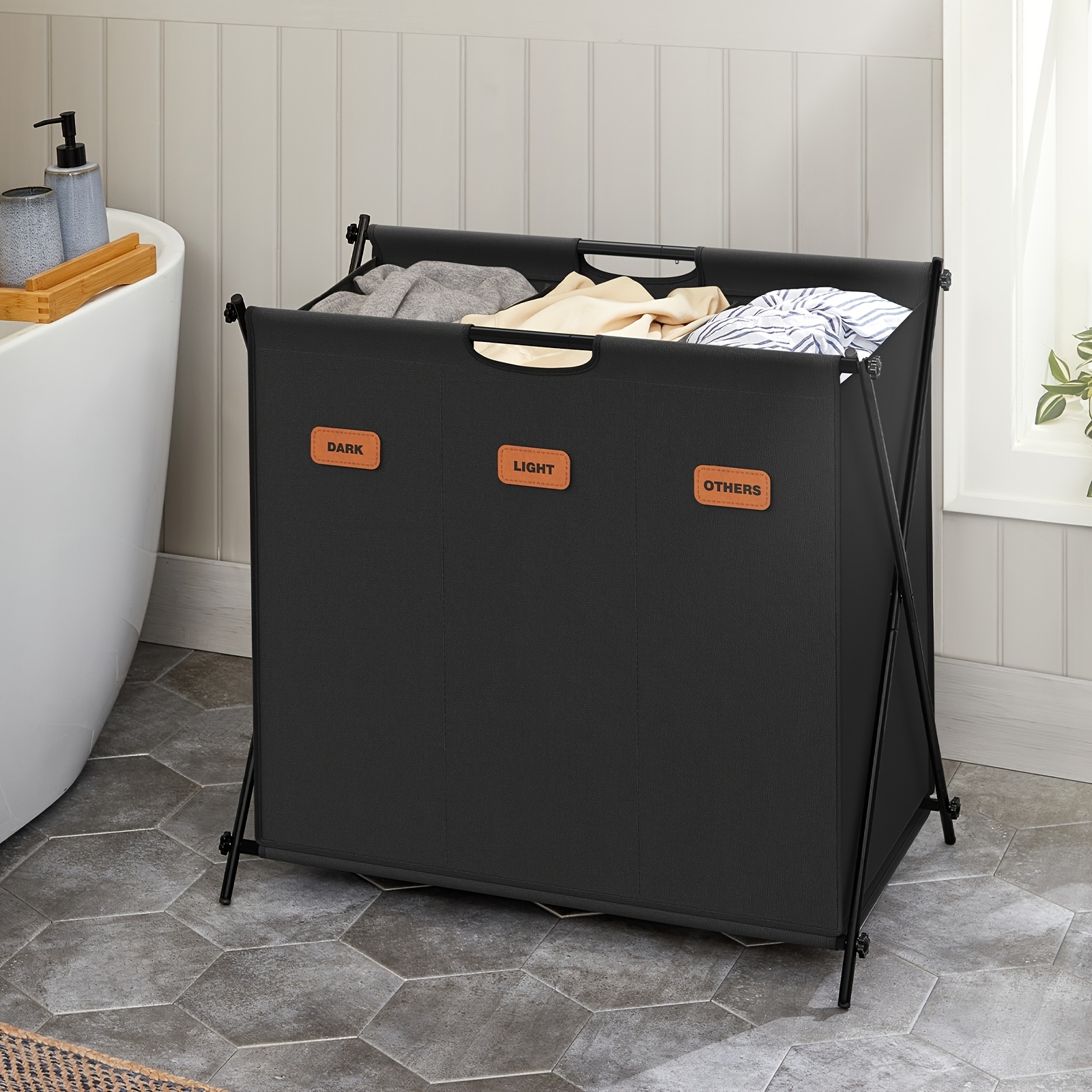 Laundry Basket, Laundry Collector 135 , , 3 Compartments, Foldablex-frame, Individual Labels, For Laundry Room, Bedroom, Bathroom, Laundry Hampers