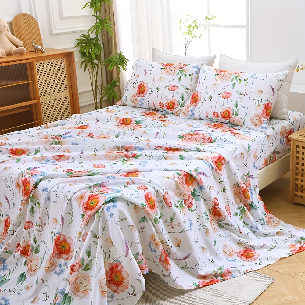 TEMU 4pcs Floral Queen Bedding Sheet Set - 40cm Deep-pocket Sheets Set Luxury Bedding Collections - Breathable, Double-brushed Patterned Cooling