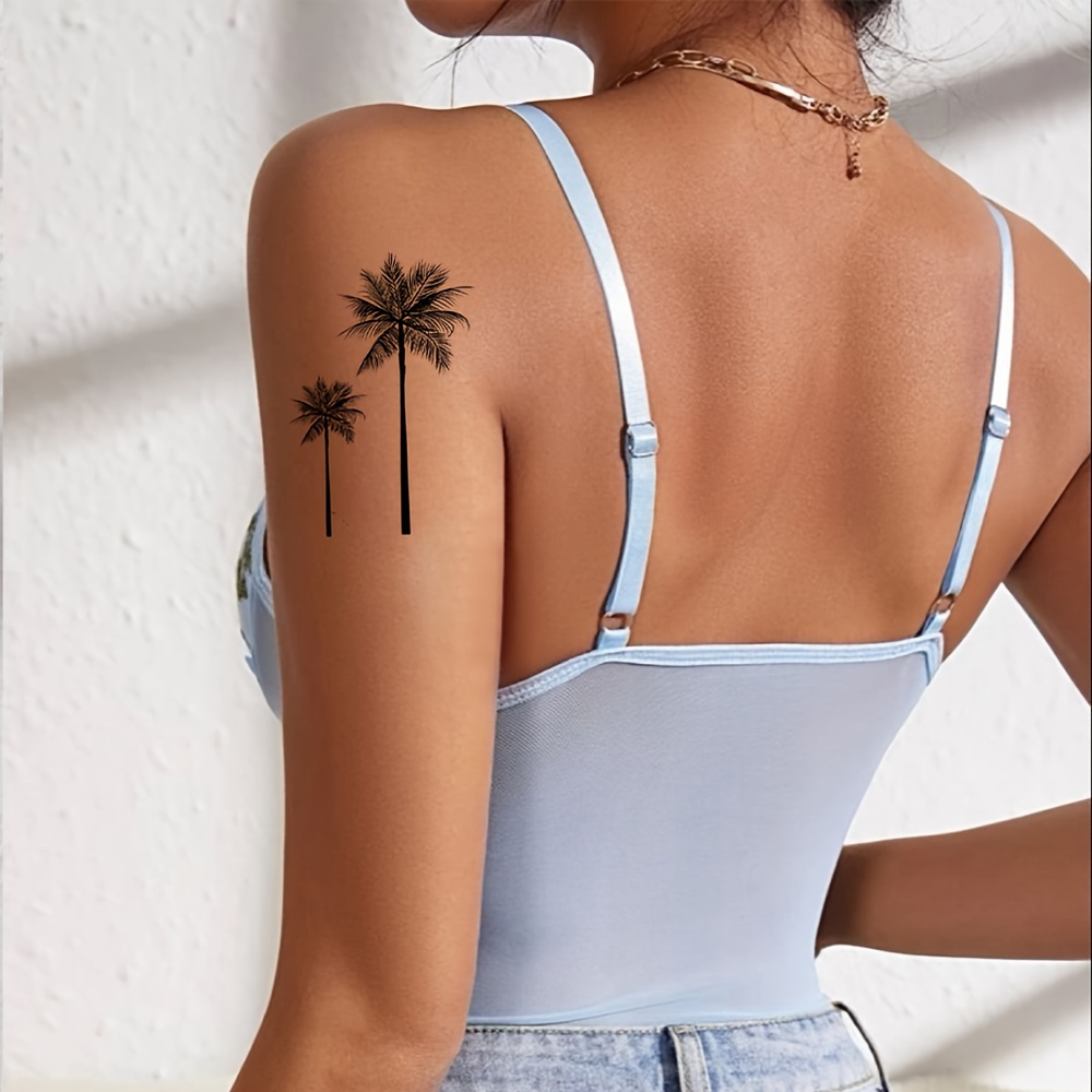 Realistic Black Coconut Tree Temporary Tattoo Sticker - Waterproof, Long-lasting Body Art For & Hands