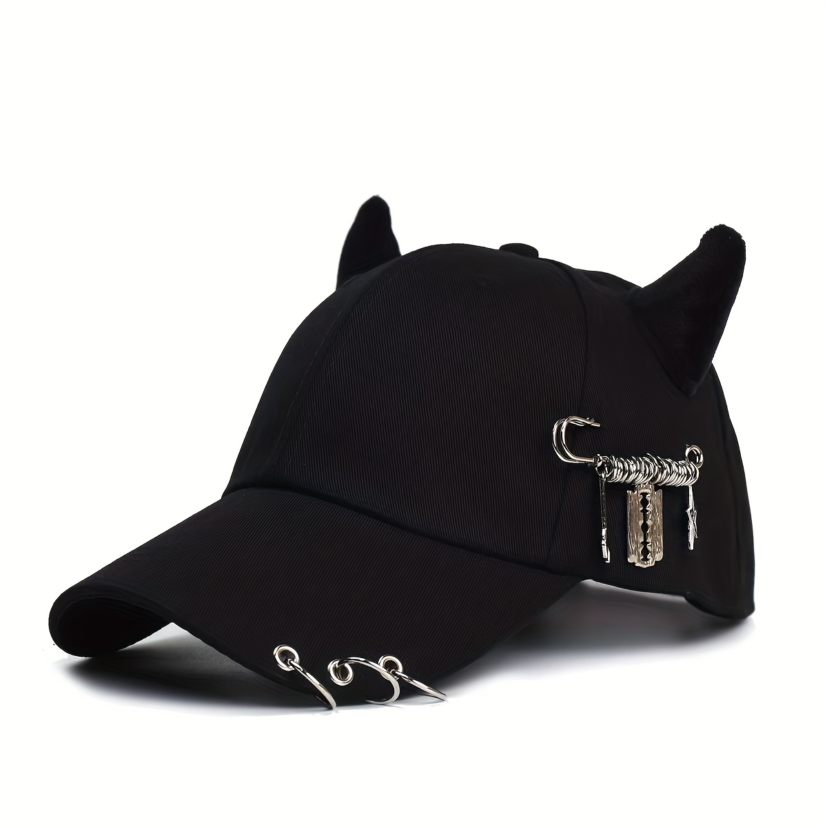 TEMU Fashionable And Cool Horned Baseball Cap, Street Style Hip- Horns, With Iron Rings, Safety Pins And Charms, Suitable For Couples, Streetwear Additions