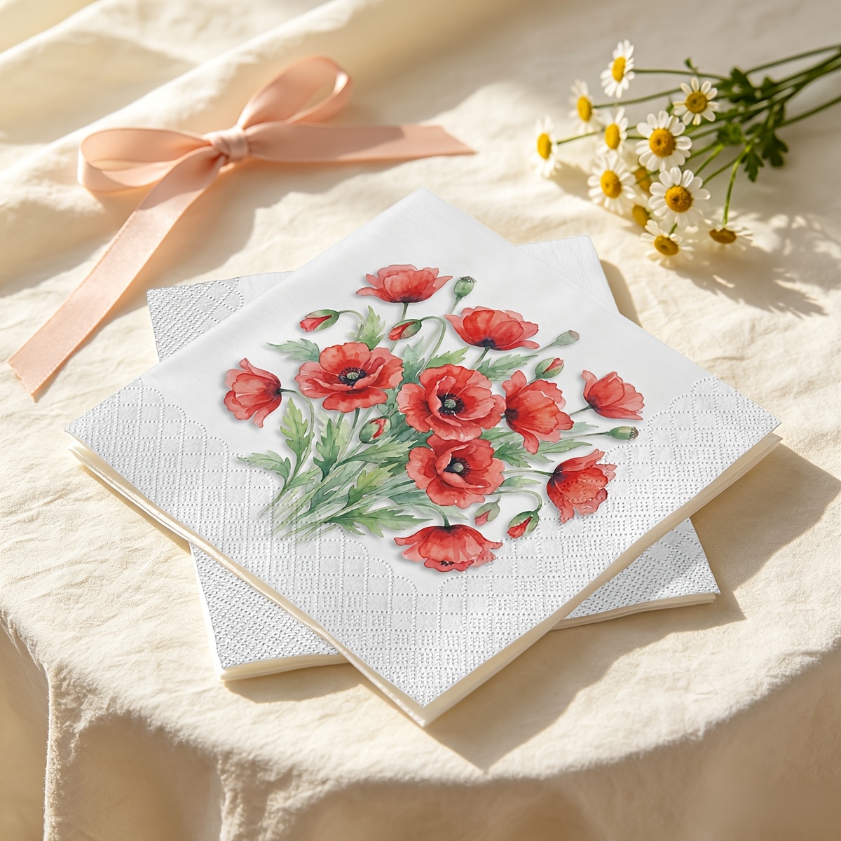 TEMU Lot de 20 serviettes, motif aquarelle de fleur de coquelicot rouge à , en papier double épaisseur, convient pour les fêtes, , rassemblements,