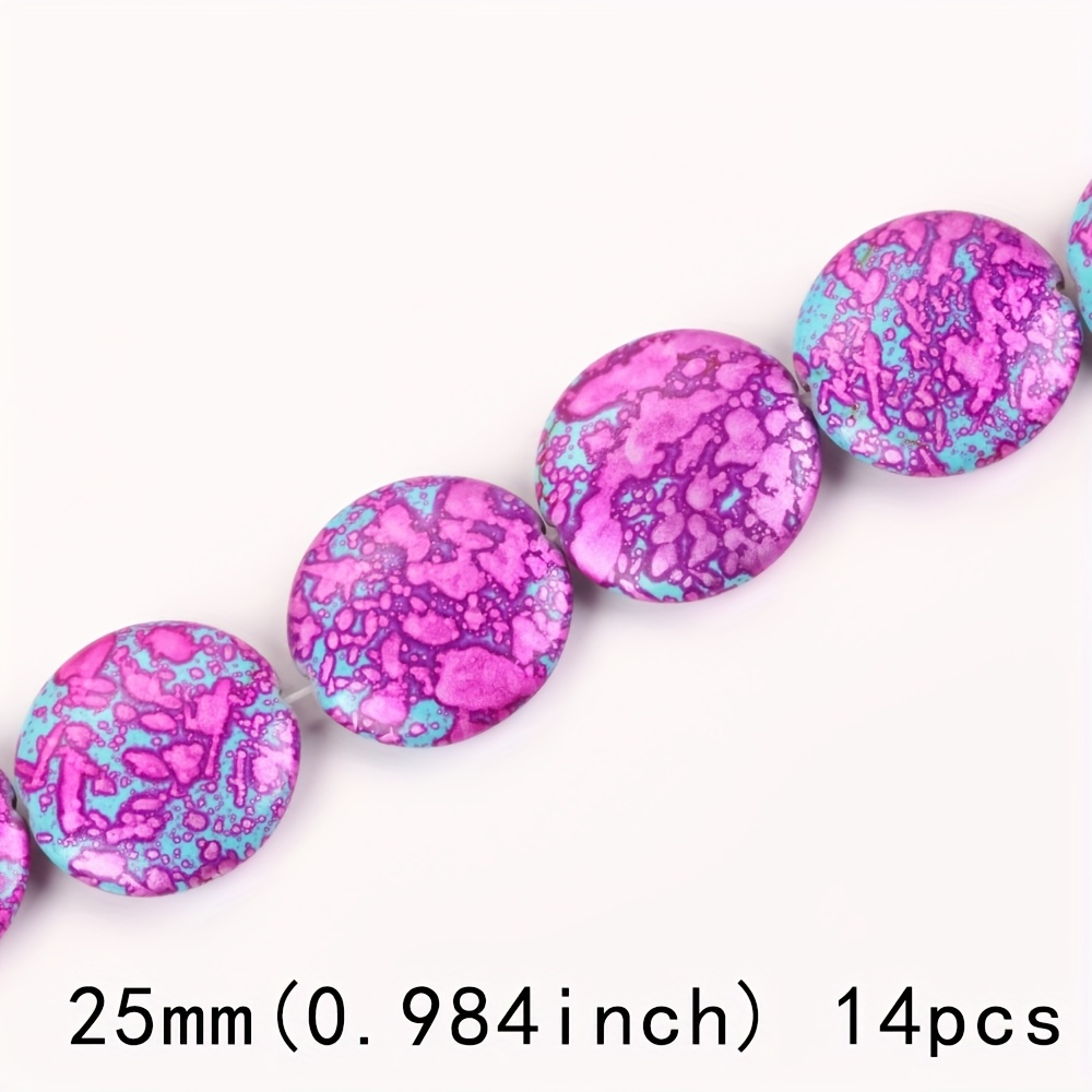 TEMU 14pcs 25mm Shape Multicolor Pink Turquoise Stone Beads For Jewelry Making - Vibrant Purple And Green Beads With Pink Accents, Handmade Craft
