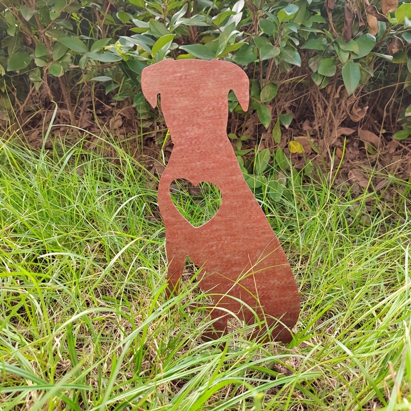 Image of Rust-colored Metal Dog Silhouette Garden Stake | Iron Decoration With Heart-shaped Cutout Design, Suitable For Home Courtyard, Garden Lawn Decoration, Housewarming Gift, Christmas Gift, Gift For