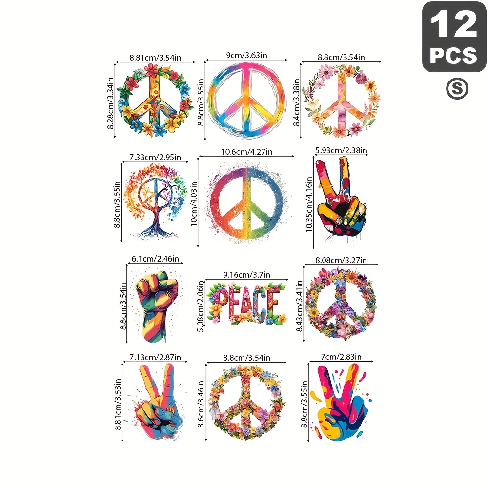 Image of 12pcs Peace Sign, Washable Diy Iron-on Patches, Suitable For Clothing T-shirts Jeans Backpacks Style Washable Heat Transfer Decals