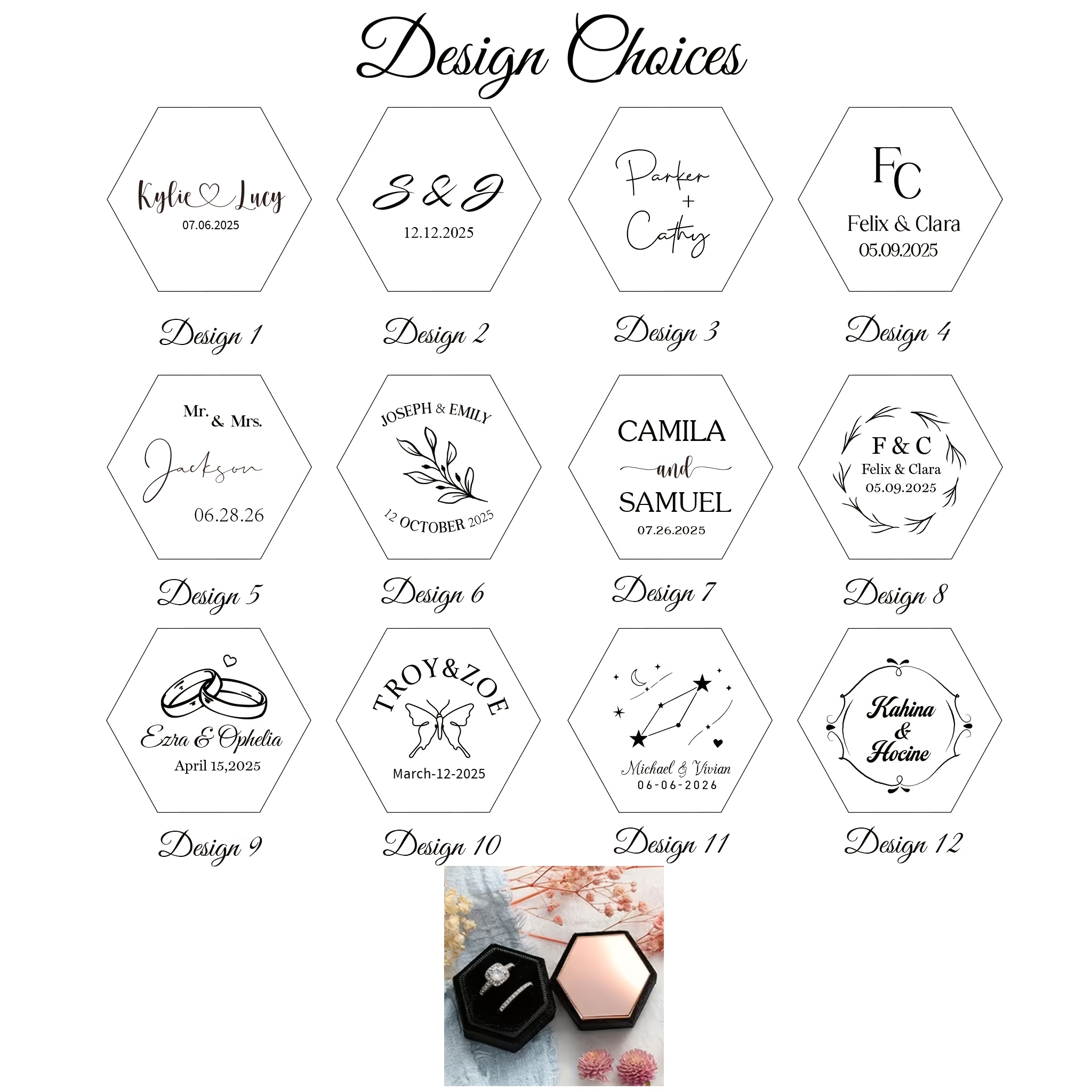 Personalized Hexagonal Velvet Ring Box, Custom Name and Date