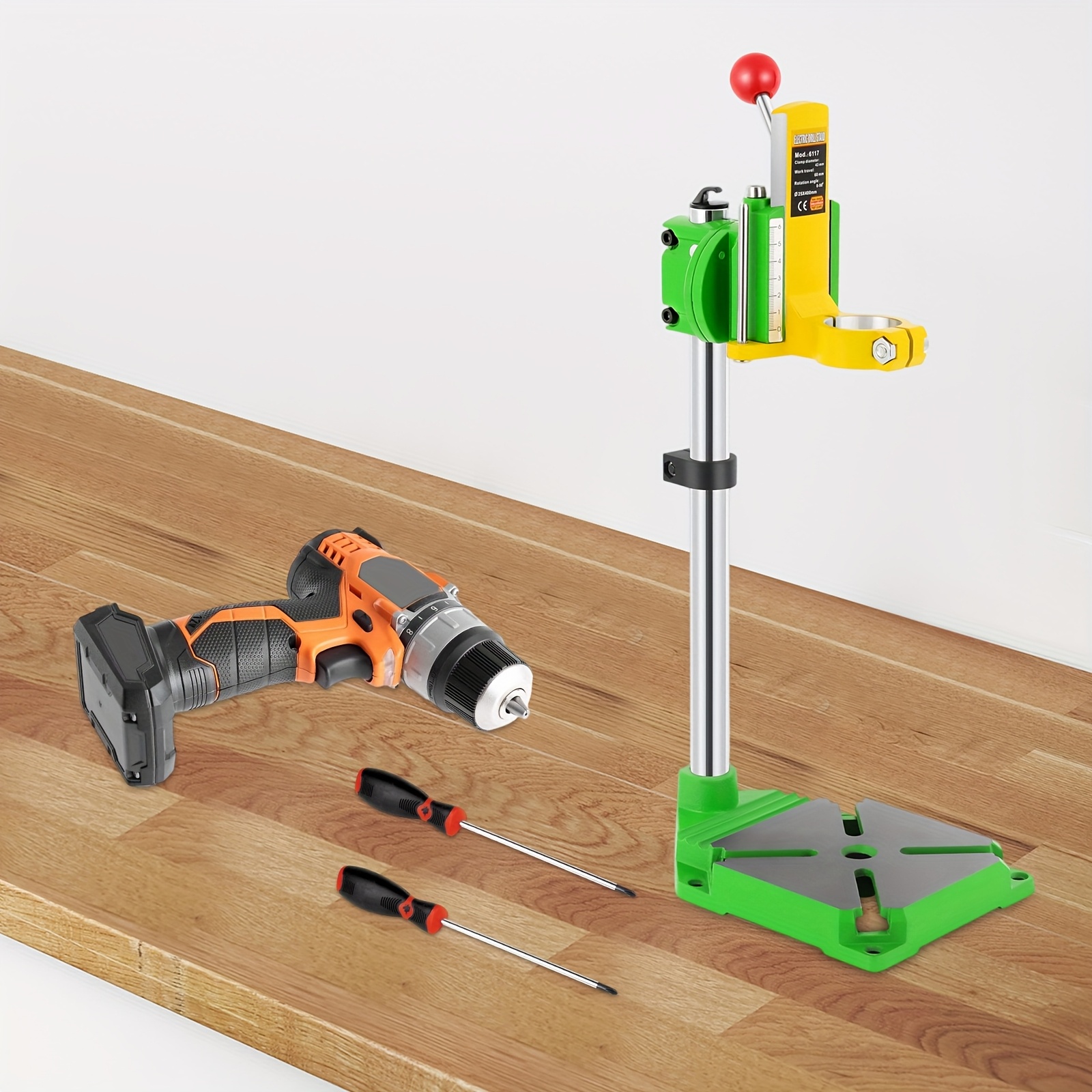 TEMU Établi de Perçage, Support de Perceuse de 490 mm avec Guide de Perçage à Angle Ajustable à 90° et Serre-Table, pour Travail de , DIY et Atelier