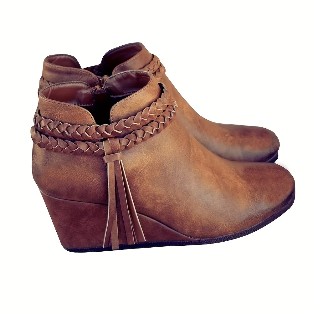 

Women's Slope Heel Short Boots, Woven Tassel Tie Ankle Boots, Western High Heels, Autumn Formal Shoes
