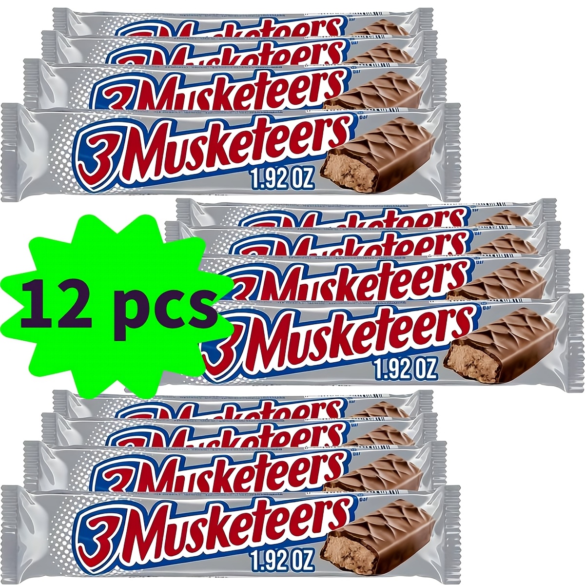 TEMU 12pcs Of 3musketeers Candy Milk Chocolate Bars, Full-size -1.92 Ounces, With A Light And Fluffy Chocolate Center Wrapped In Rich Milk Chocolate,
