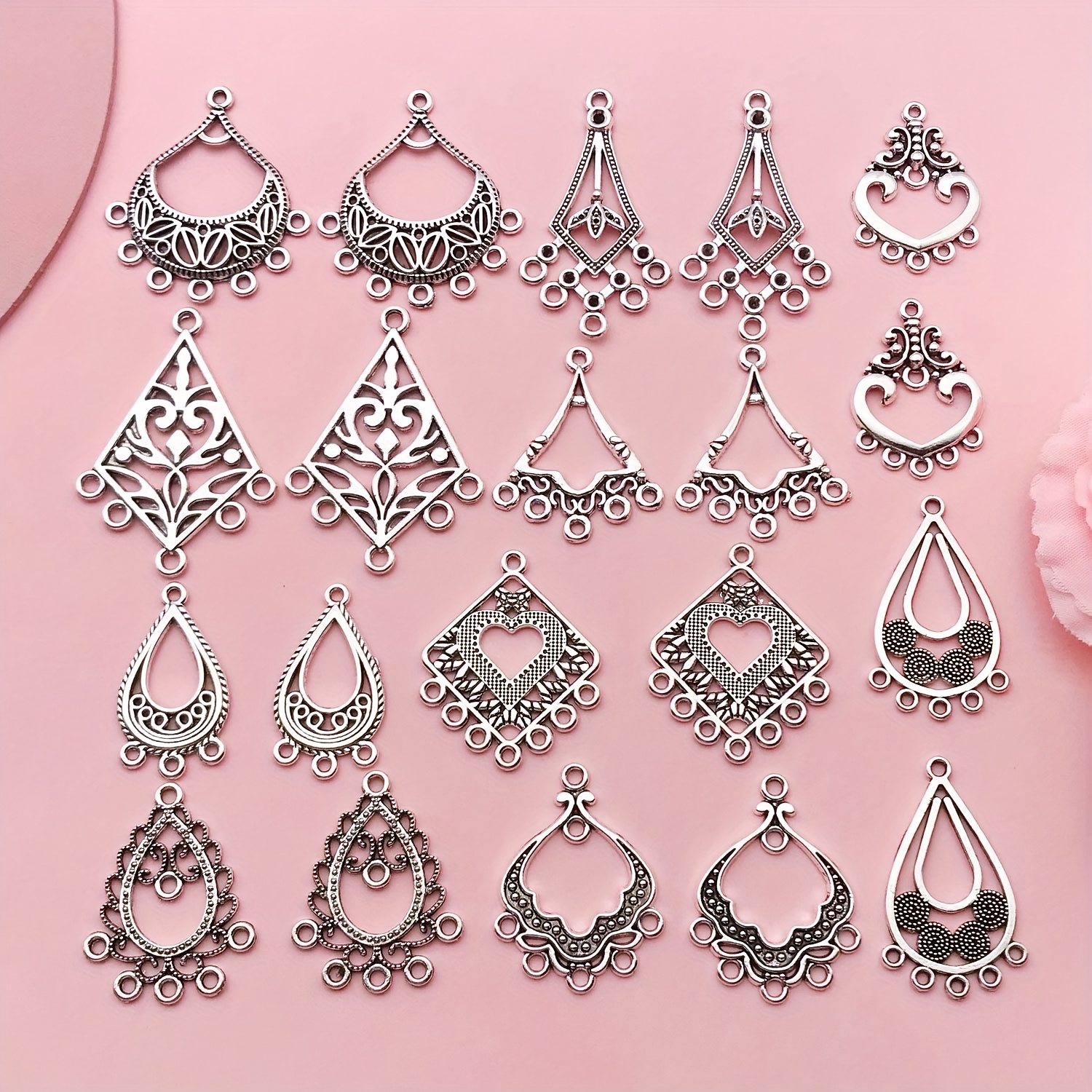 TEMU Set Of 20 Tibetan Flower-shaped Alloy Chandelier Connector Charms, Teardrop And Oval Components For Earrings And Pendants