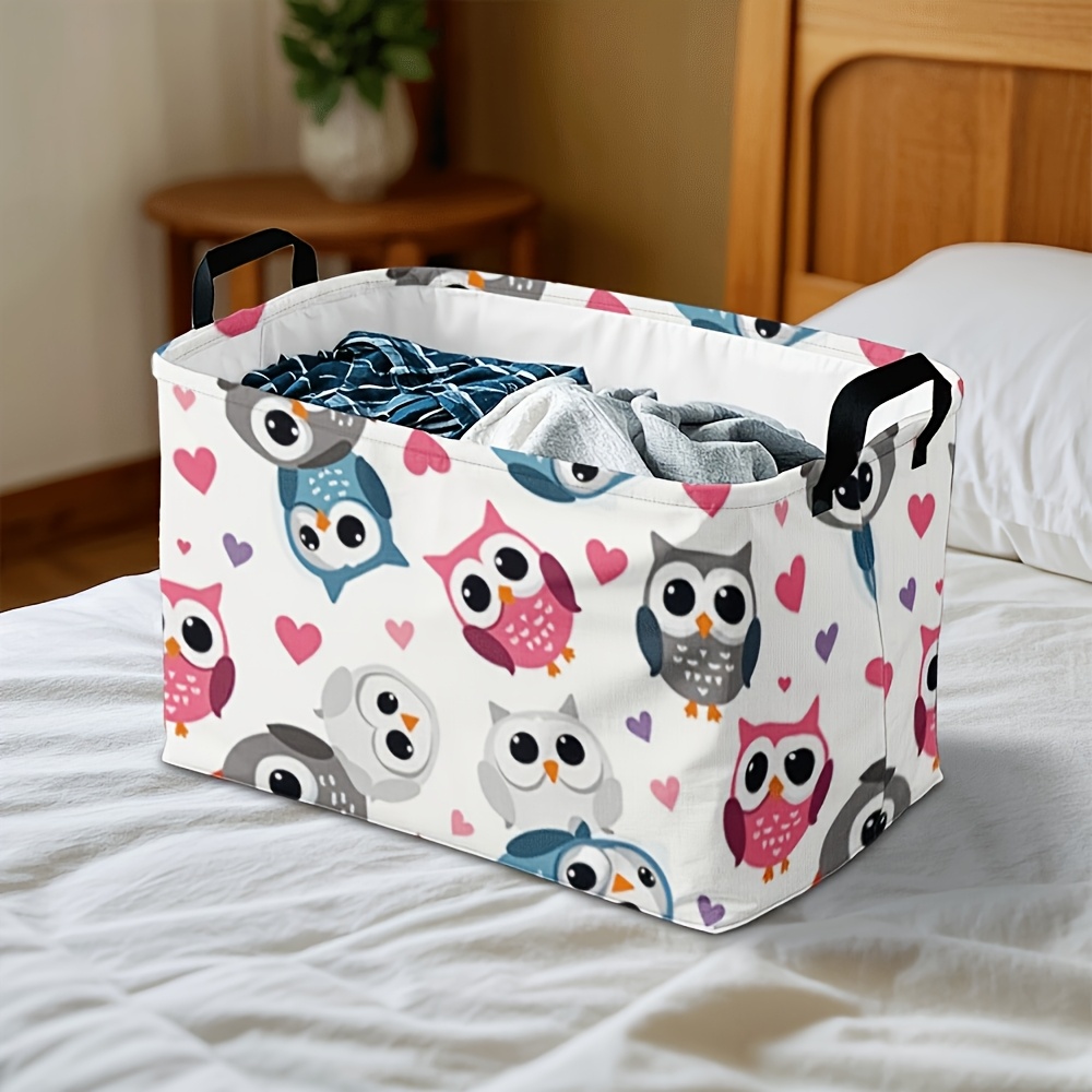 TEMU 1pc Large Rectangular Owl Storage Basket With Foldable Handle - Lightweight Canvas Organizer Bin Suitable For Clothes,, Books, Laundry,, Room,