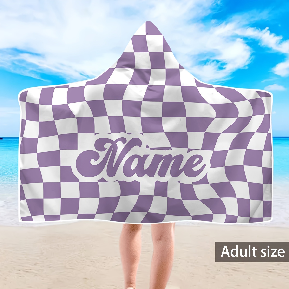 TEMU Customize 1pc Name Personalized Custom Adult Hooded Beach Towel, Colorful Checkerboard Deformation Printed Hooded Beach Towel, Microfiber