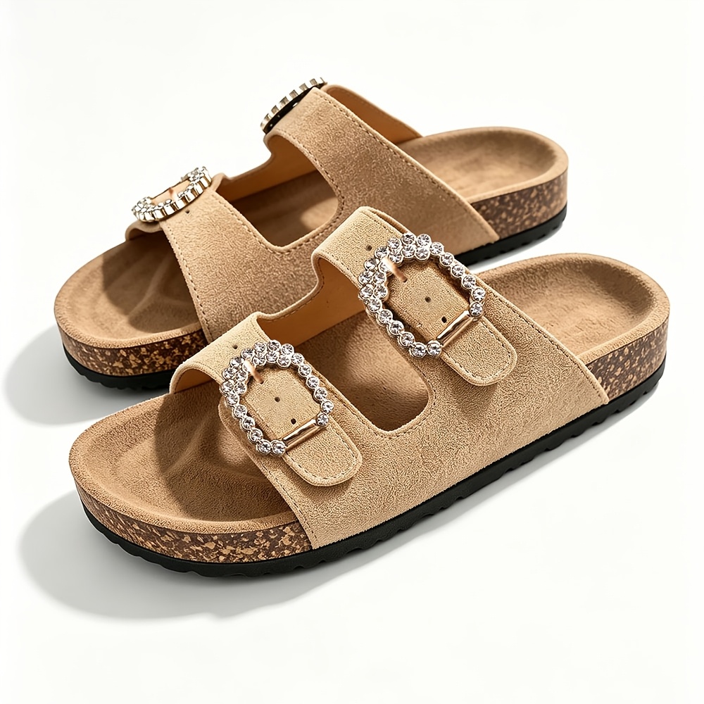 TEMU Smalleyes Summer Comfortable Breathable Women's Plus Size Double Strap Mule Shoes, Double Straps With Rhinestone Design, Cork-like Sole