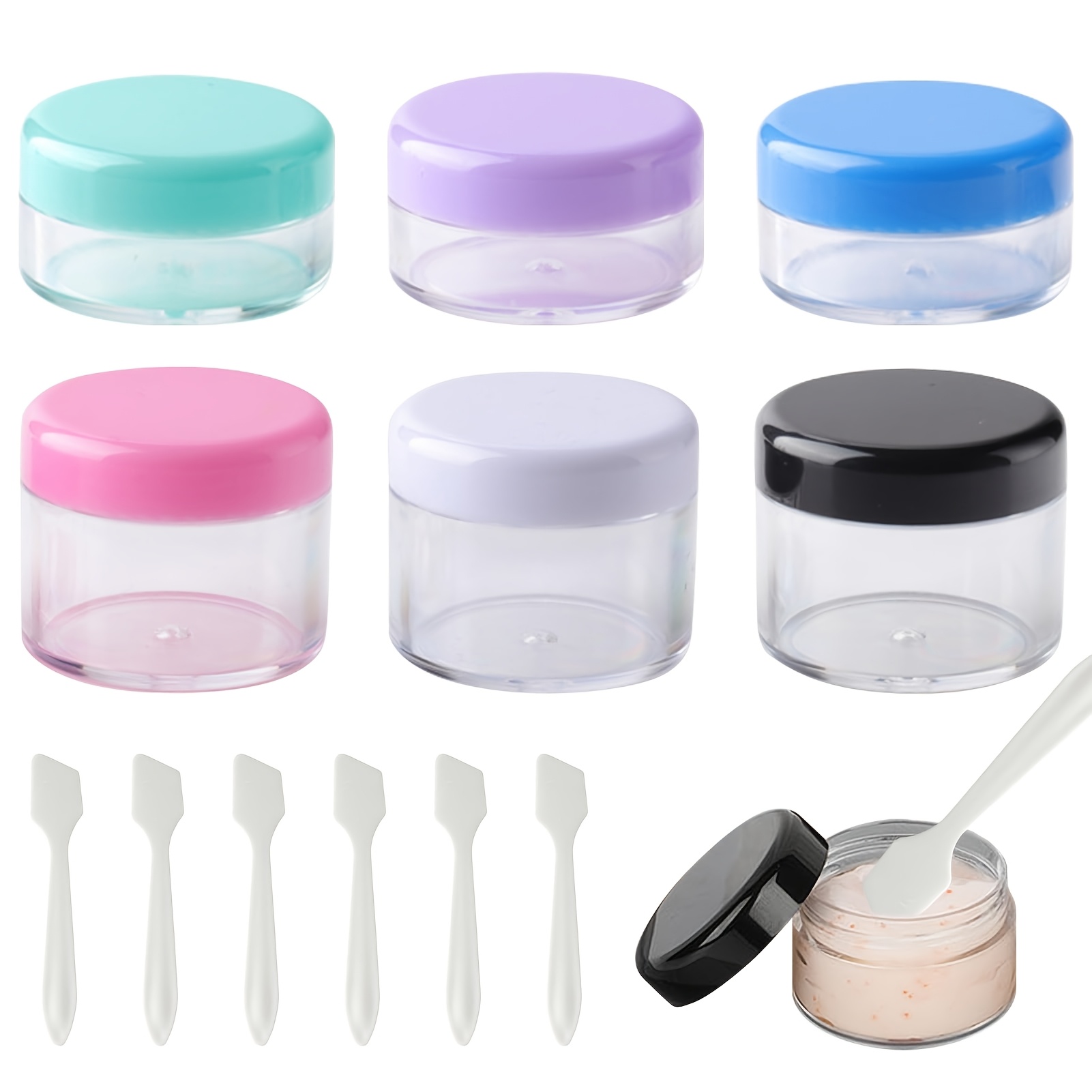 Image of 1 Set Travel Bottles Pots | Includes 6 Travel Pots With Lids And 6 Spoons, Plastic Cosmetic Container Jars For Makeup Creams Powder Earrings Rings, Unscented, Twist Lug Closure