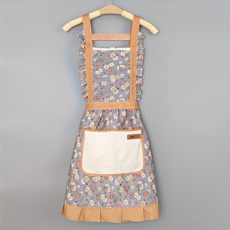 TEMU 1 delantal de , correas ajustables de H, bolsillo para limpiar , floral aleatorio, fibra de poliéster - , hornear, flores, princesa, delantal,