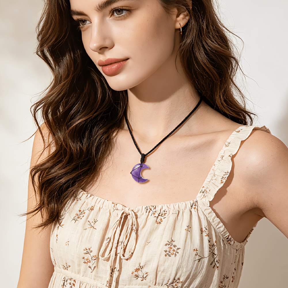 Natural Stone Moon Pendant Necklace, Adjustable Wax Rope