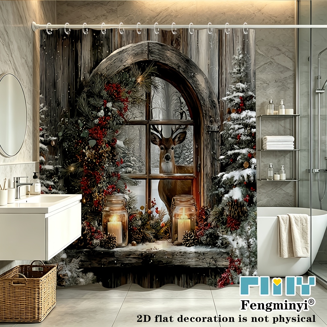 TEMU Rideau de Douche Plat 2D, 1 pièce, Rideau de Douche de Noël Forêt de Pins et Élan, Confortable, pour Rénovation de Salle de Bain, Créant un