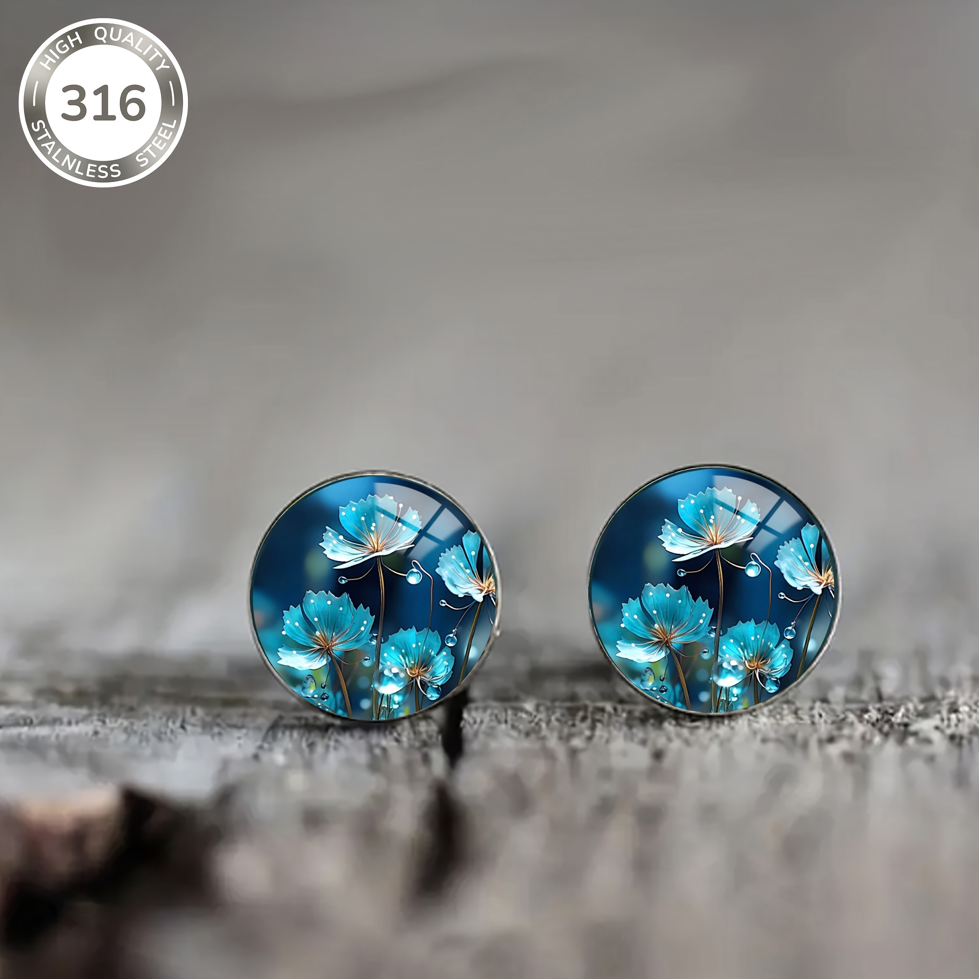 Image of 1 Pair Of Blue Floral Pattern Steel Earrings, Fresh And Elegant Style Men's And Women' Party Wear Earrings Thanksgiving Gift