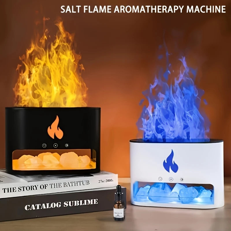 salt stone humidifier aroma diffuser with high fog volume usb powered simulated flame color changing night light essential oil diffuser for office desktop gift 1pc details 8