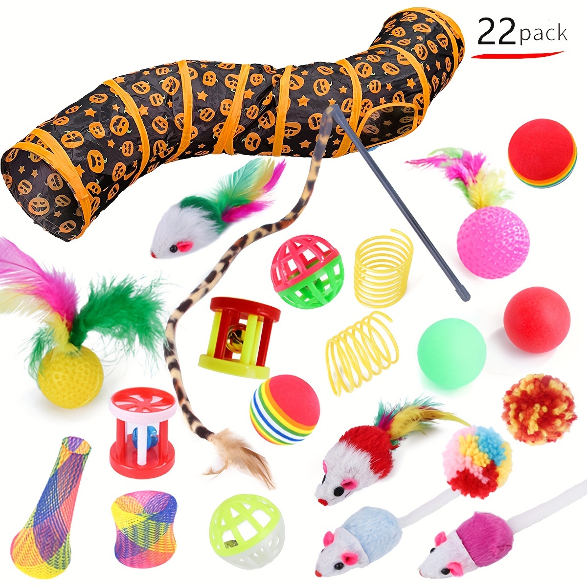 

22-piece Cat Toy Variety Pack With Polyester Blend Cat Tunnel - Interactive Play Set For Kittens Includes Crinkle Balls, Feathers & Durable Playballs - Multi-textured Assorted Toys For Indoor Cats