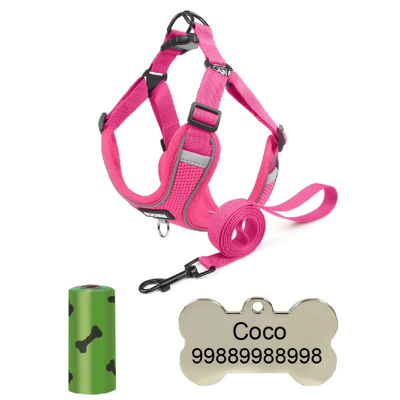 4pcs Set Pet ID Tags and Breathable Dog Harness