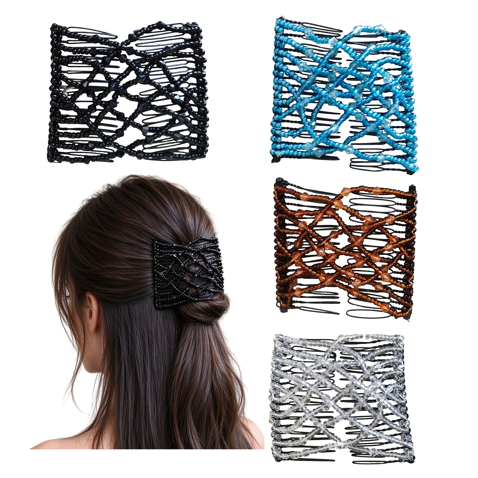 TEMU Lot de 4 peignes magiques élastiques perlés, pinces à cheveux élastiques à double peigne, pinces à cheveux couture pour femme, coiffure vintage,