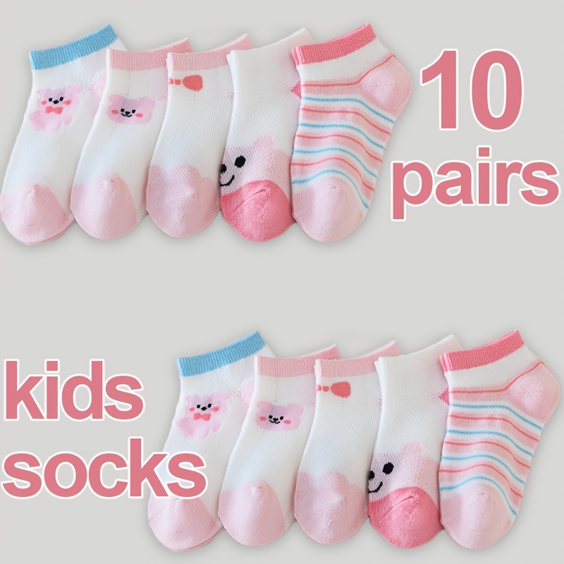 E-shop 10 Paar Kindersocken – Weiche, atmungsaktive Knöchelsocken in Macaron-Farben & mit Cartoon-Muster, leichte Frühlings- & Sommer-Fußbekleidung für