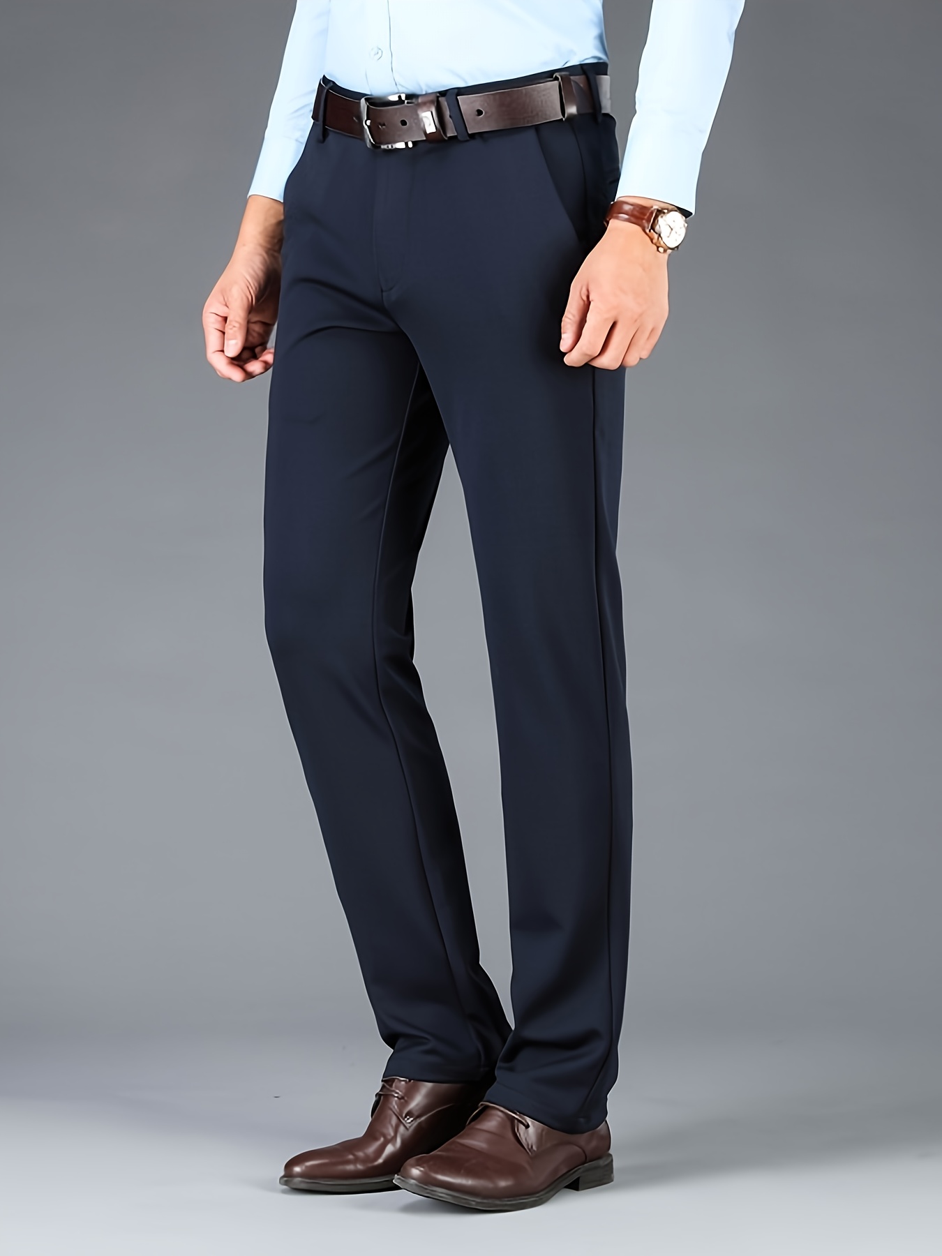 Men'S Relaxed Fit, Navy Blue Dress Pants - Stretchy Spandex Blend, Button-Fly, Mid-Rise, All-Season Workwear, Office Attire|Relaxed Fit Pants|Stylish Waistband