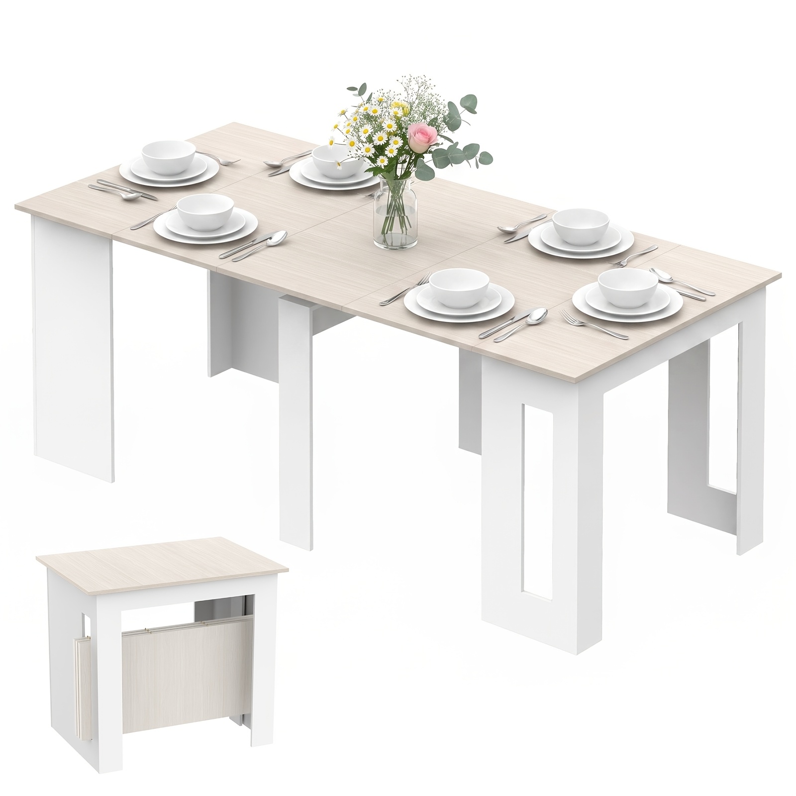 Image of 180cm Extendable Dining Table, Seating For 6 People, Kitchen Table With 3 Extension Leaves, Space-saving Wooden Table, Modern Dining Table, Extendable For Kitchen, Dining Room, And Home Office