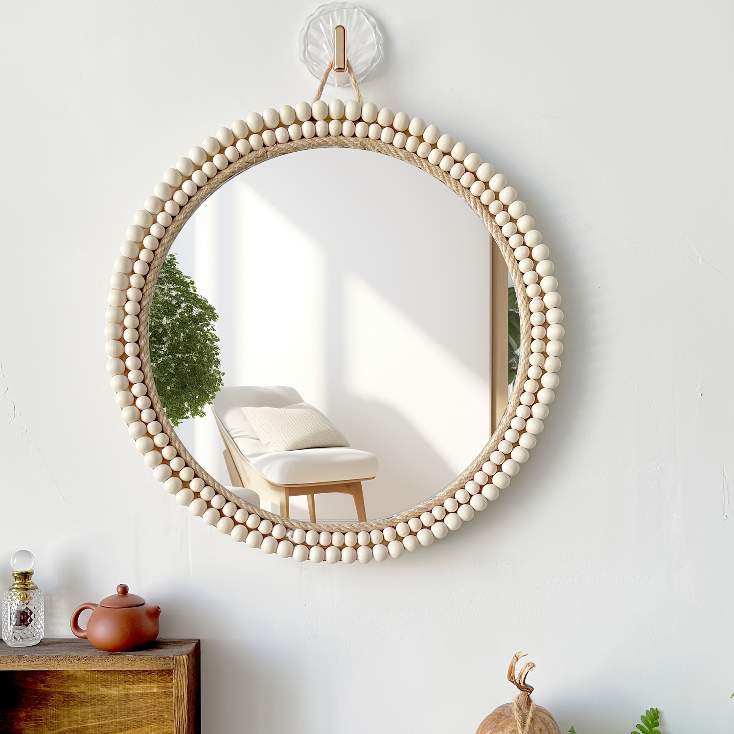 Image of 1pc Boho Wall Mounted Mirror With Wooden Beads - Inch Round Decorative Hanging Mirror For Bathroom, Living Room, Bedroom, Nursery Wall Decor