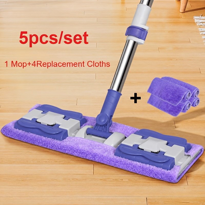 TEMU 5pcs [1pc Mop And 4pcs Replacement Cloths] Household Flat Floor Mop With Clamping Structure, 360 Degree Rotating Cleaning Mop For Tile Hardwood