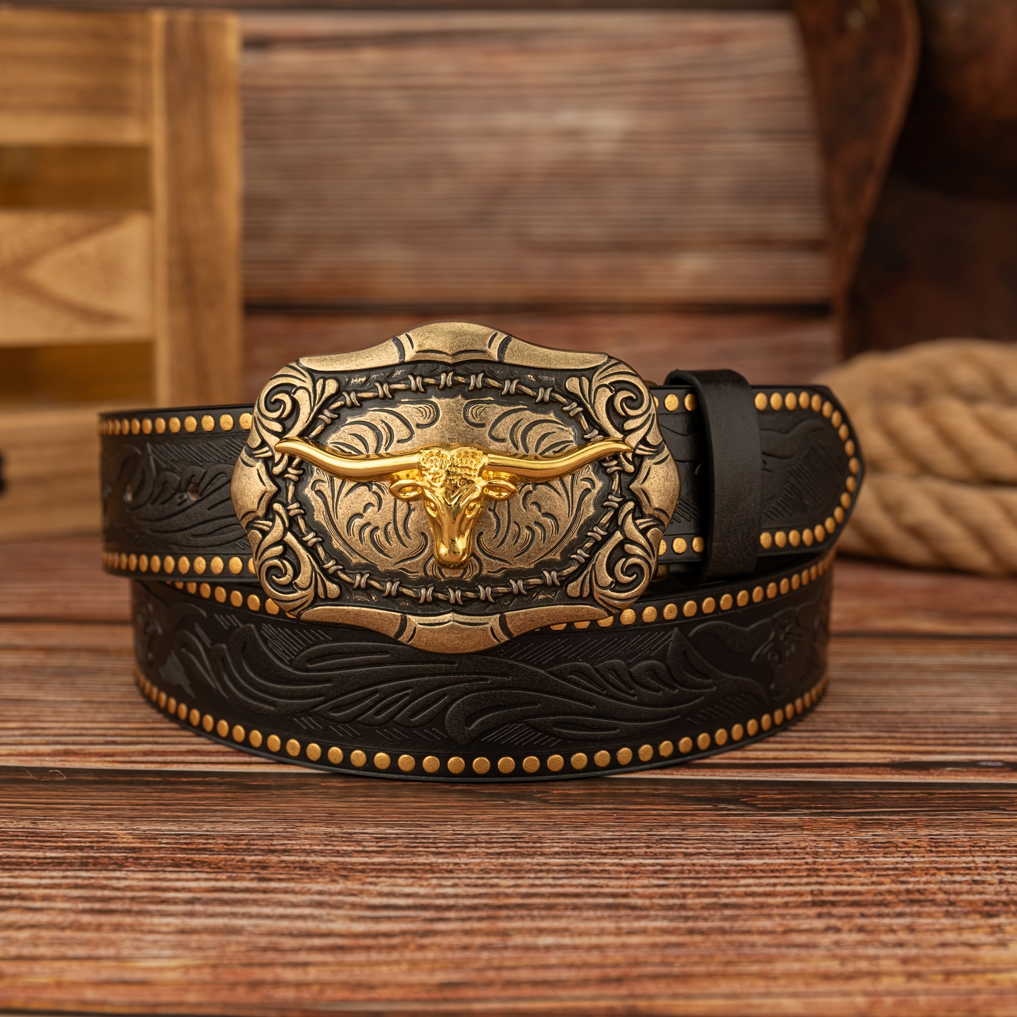TEMU 1pc Grass Circle Head Alloy Trendy Vintage Pu Embossed Hand-painted Belt For Men