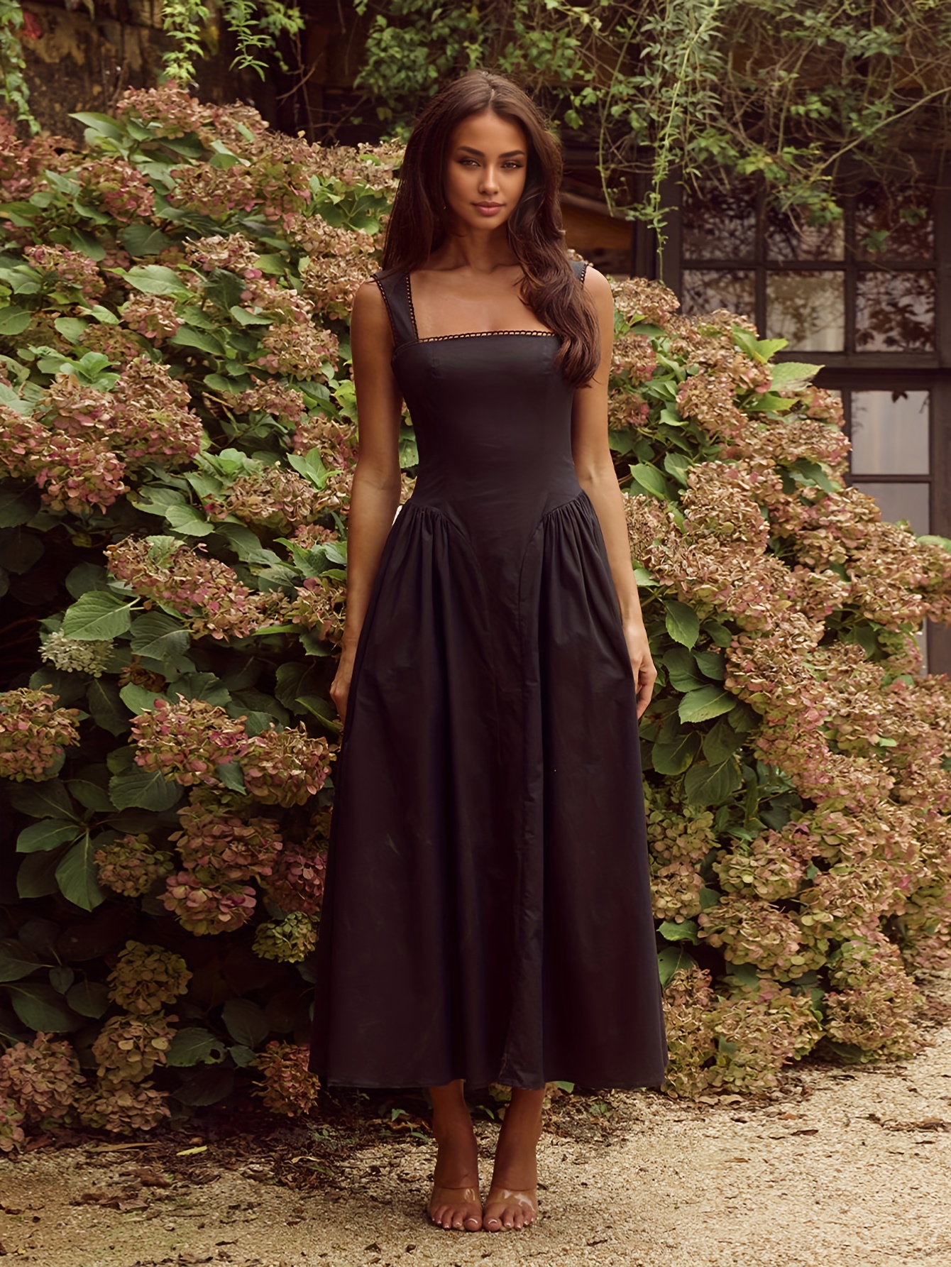 sachin and babi light blue dress Black Square Neckline High-Waist Maxi Dress with Full Skirt