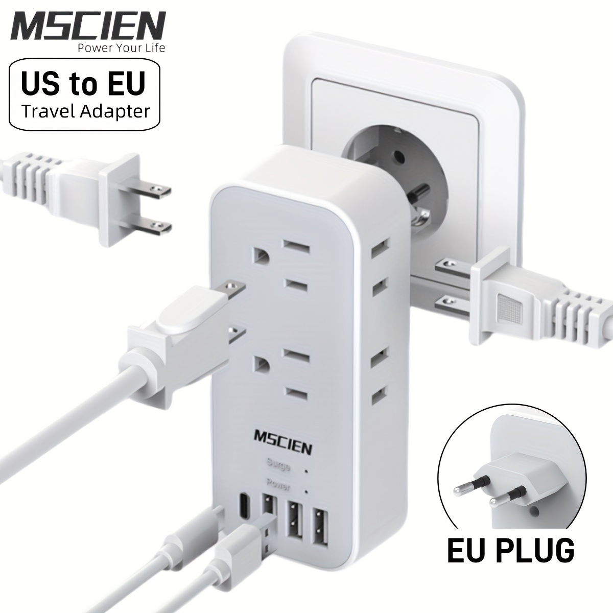 

European Travel Plug Adapter, Plug Adapter With 6 Outlet 4 Usb (1 Usb C), Type C Plug Adapter To Most Europe Eu Italy Spain France Germany Switzerland Portugal