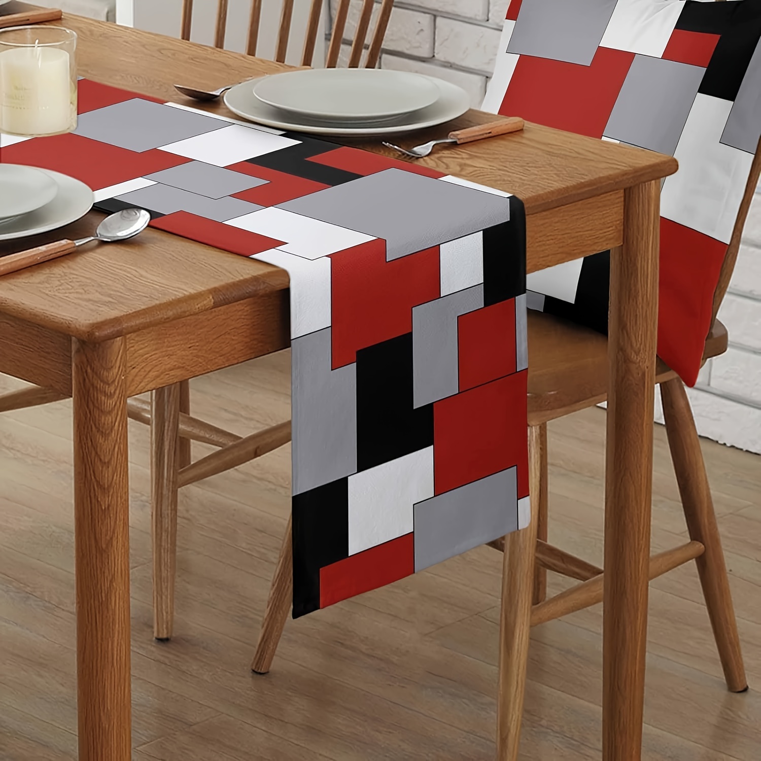 Elegant Modern Abstract Art Table Runner - Geometric Color Block In Gray, , 100% Polyester, Rectangular Design For Dining, Living Room & Party Decor