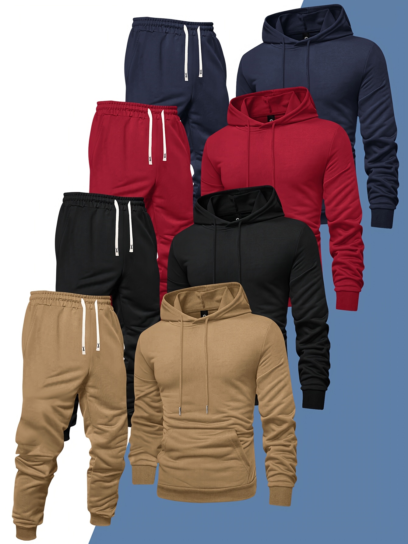 Ensemble de sport décontracté pour homme, 8 pièces : sweat-shirt à capuche + pantalon de survêtement, automne et printemps, couleur unie, pull uni, manches longues, capuche, cordon de serrage, taille élastique, pantalon côtelé à chevilles.