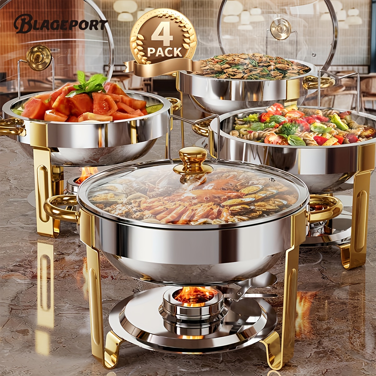TEMU Set Of 4 Round Chafing Dishes For Buffets, 5 Each, Buffet Dish Collection, Full-size Pans, Warmers For Events, Parties, Weddings, Birthdays,