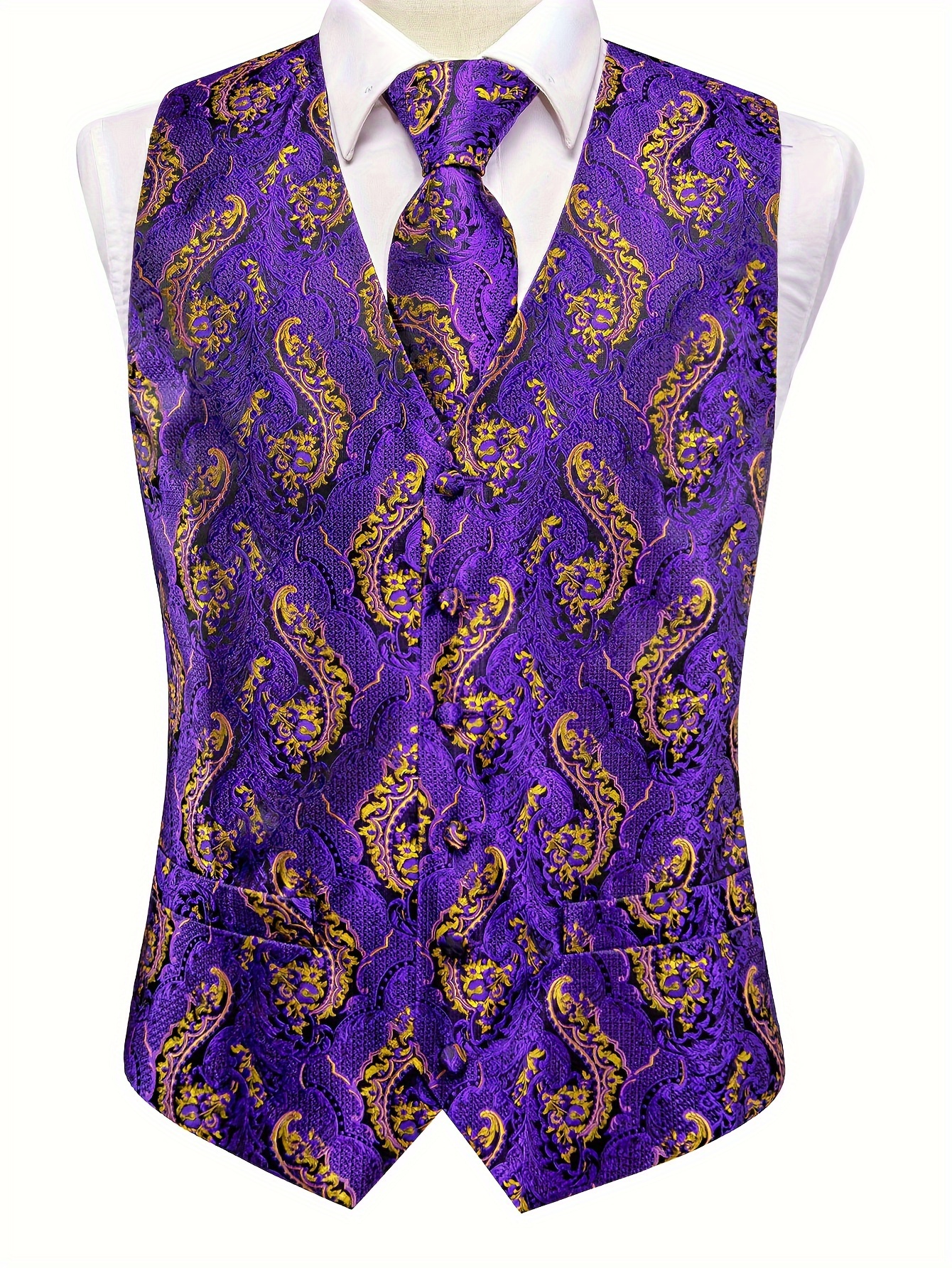 Men's Paisley Graphic Print V Neck Waistcoat & Necktie & Handkerchief & Cufflinks 4-piece Set For Party/wedding/formal Prom