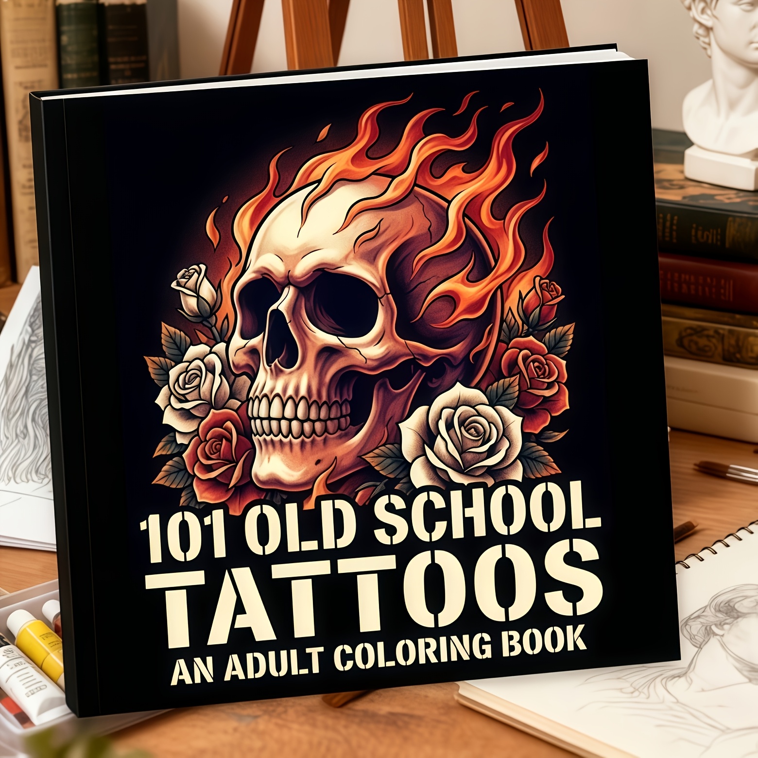 TEMU 1 Book: 20-inch X 20-inch Newly Upgraded 24-page Thick Paper Traditional Tattoo Theme Coloring Book, Suitable For Adults And Teens, A Creative