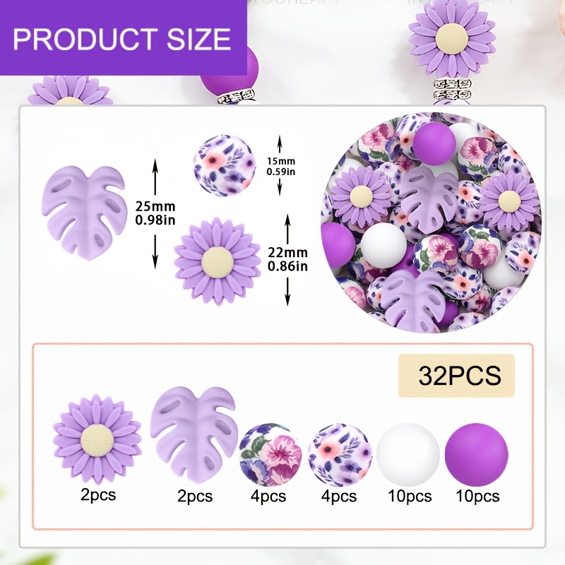 TEMU 32pcs And Daisy Shaped Silicone Bead Set, Spring Summer Elements Handmade Craft Beads, For Bead Pens, Bracelets, Necklaces, Bag Embellishments