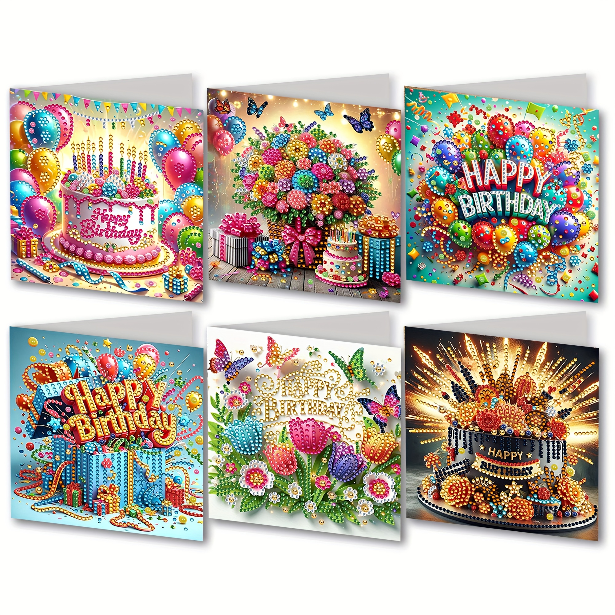 A Set Of 6 Diamond Painting Birthday Greeting Cards, Packaged With 6 White Envelopes. Cards Feature Irregular Crystal Rhinestones In A Of Colors, Making Them More Beautiful Completed. A Creative Gift