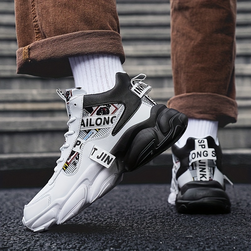 Zapatillas casuales de caña alta para hombre con patrón aleatorio, ajuste universal, cierre de cordones, uso para todas las estaciones, punta redonda, suela de PVC, plantilla de tela y parte superior de imitación.
