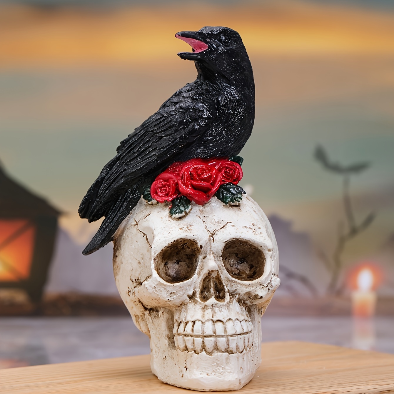 A Creative Resin Craft Featuring A , Crow, And Rose For Halloween Scene Decoration, Suitable For Home Decor