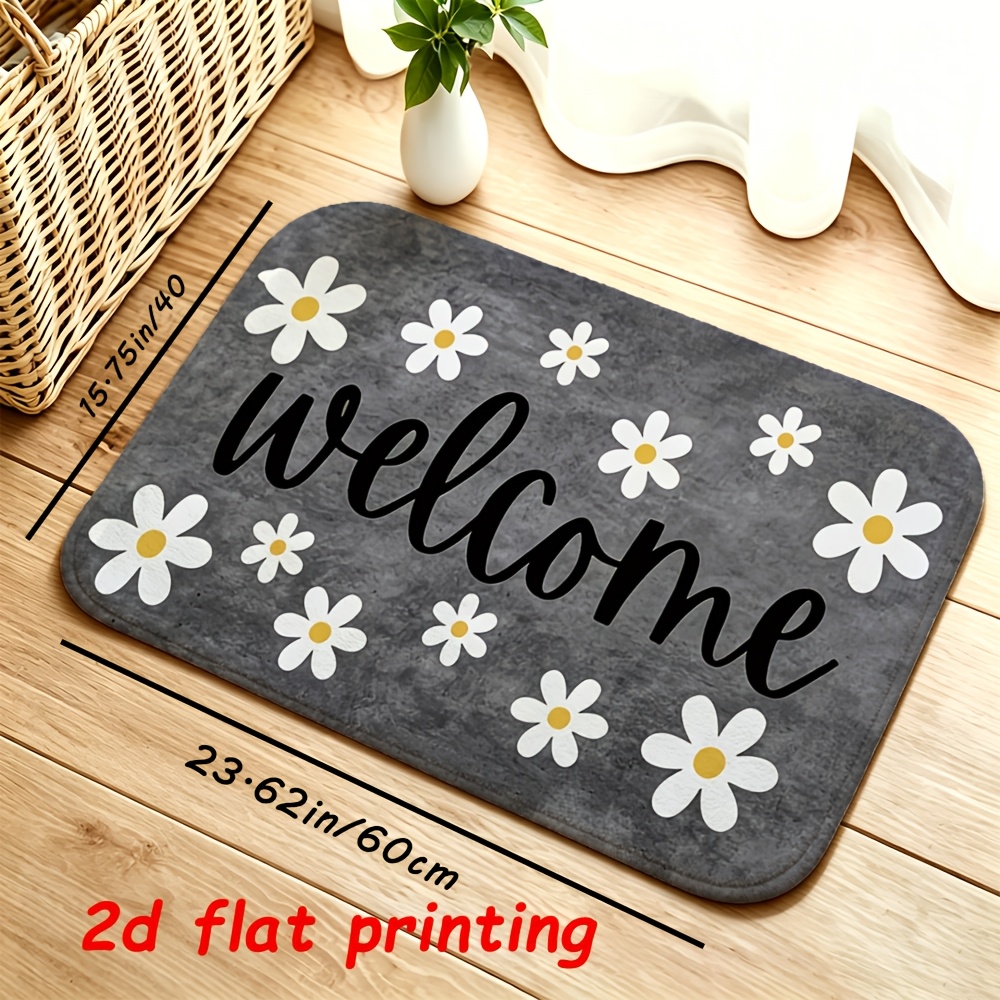 TEMU Paillasson 1pc, Tapis de sol imprimé Marguerite Facile, Matériau , Fond Foncé, Imprimé avec de Petites Marguerites Blanches et des Slogans