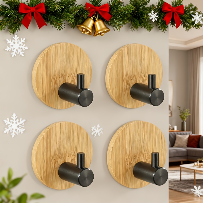 2/4pcs Wall-mounted Self-adhesive Hooks | Stainless Steel Towel Hangers With Modern Wood Base, No Drilling Required, Brushed End For Kitchen And Bathroom