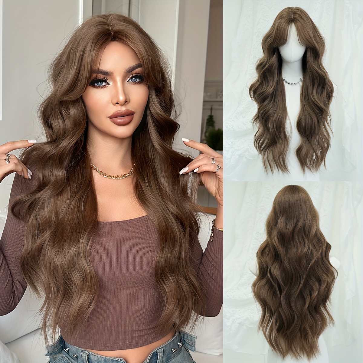 TEMU Loose Body Wave Middle Part Brown Wig For Women Daily Use High Density Synthetic Layered Warm Brown Wigs With Curtain Bangs Heat Resistant Dress