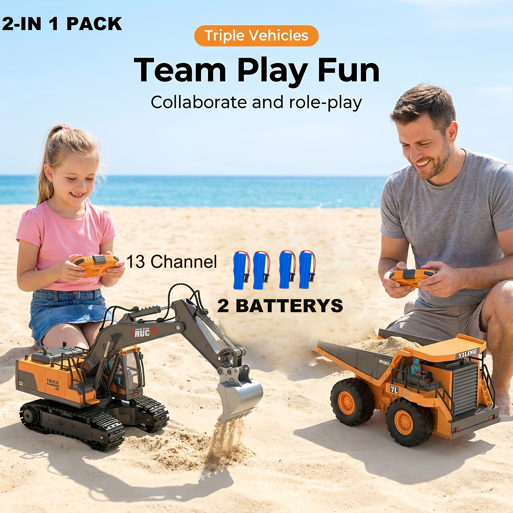 Image of 2pcs In A Pack( 13 Channels Excavator) High Simulation 2.4g Remote Control Yellow Excavator Dump Truck 2 Pack Electric Toy Cars For Boys Kids