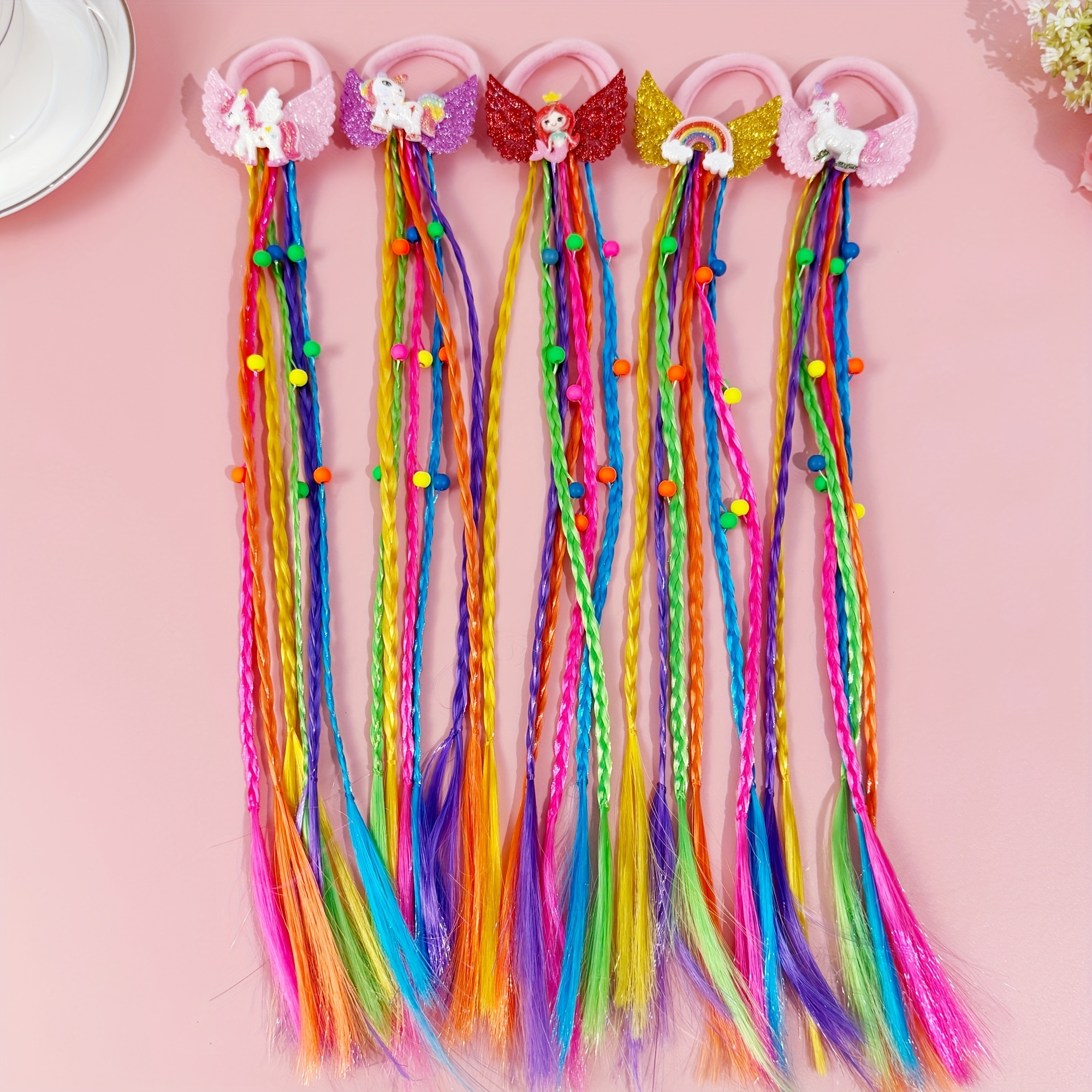 5 Cartoon Unicorn Hair Ties Colorful Braided Hair Ropes Fashion Wig Hair Ties Wing Unicorn Nylon Hair Ties Festival Dress Up Headwear