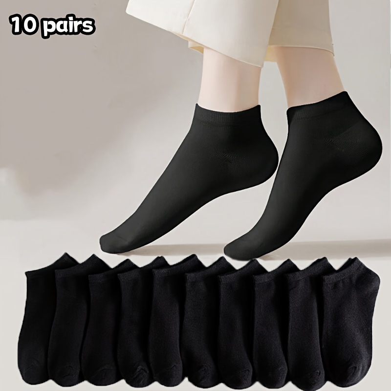 

10 Pairs Of Black, Gender-neutral, Short Socks - Perfect For Spring/summer - Made Of Polyester And Spandex - Hand Washable - No Ironing - Plain Design - Suitable For Men And Women