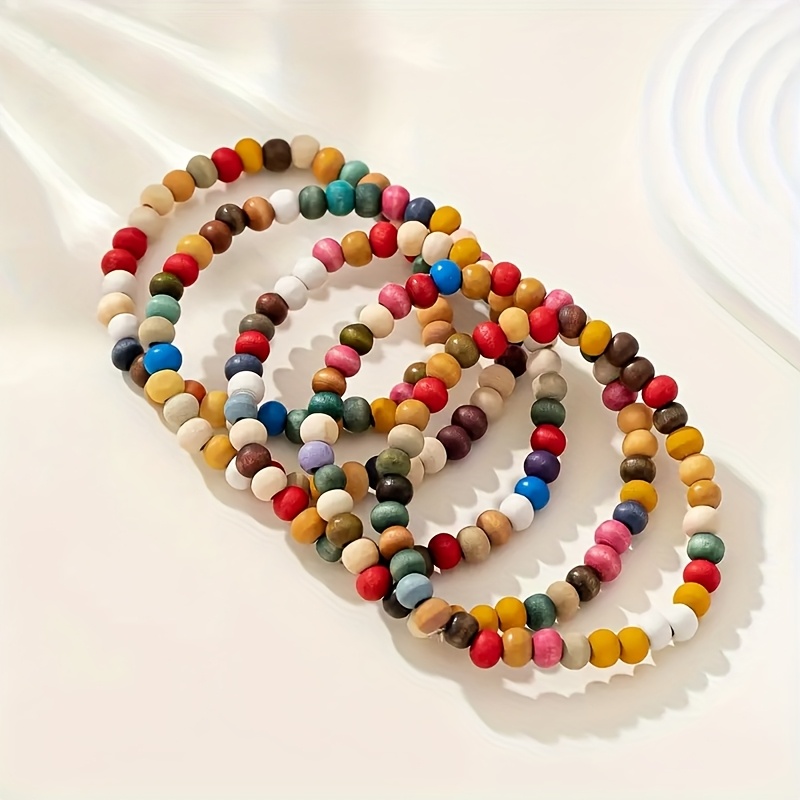 Set of 5 Wooden Beaded Bracelets, Mixed Beads